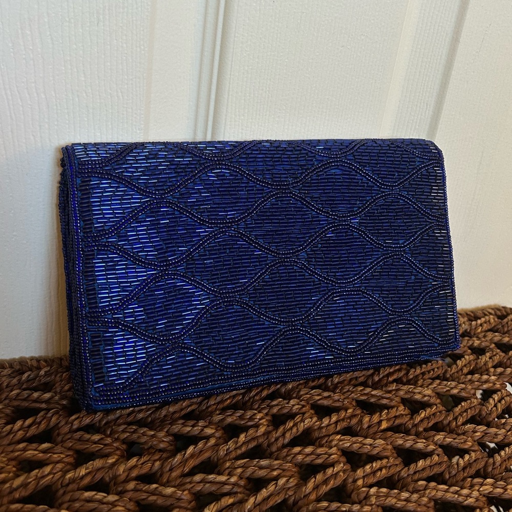 La Regale vintage blue beaded evening clutch with unique beaded strap
